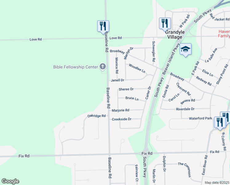 map of restaurants, bars, coffee shops, grocery stores, and more near 1047 Sheree Drive in Grand Island