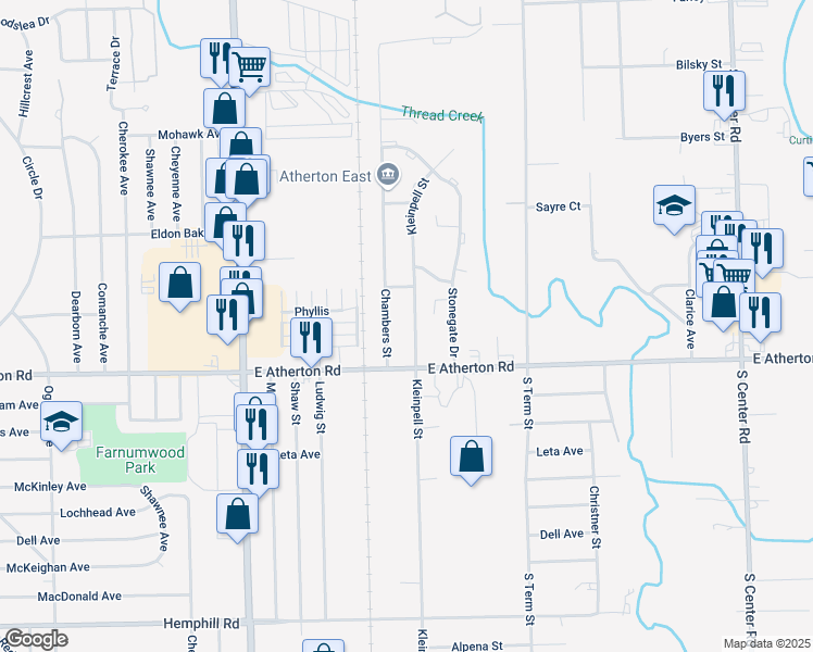 map of restaurants, bars, coffee shops, grocery stores, and more near 1714 Herman East Curtis Boulevard in Flint