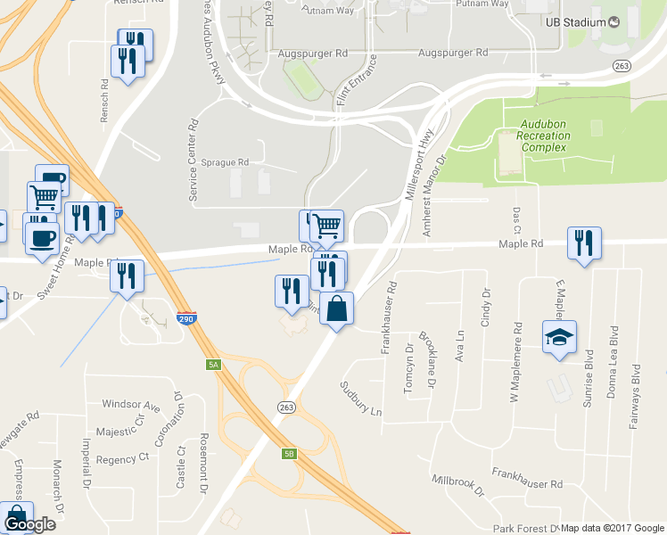 map of restaurants, bars, coffee shops, grocery stores, and more near 1 Flint Road in Buffalo