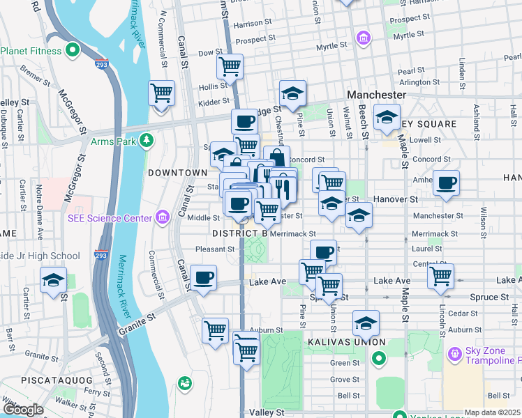 map of restaurants, bars, coffee shops, grocery stores, and more near 71 Manchester Street in Manchester