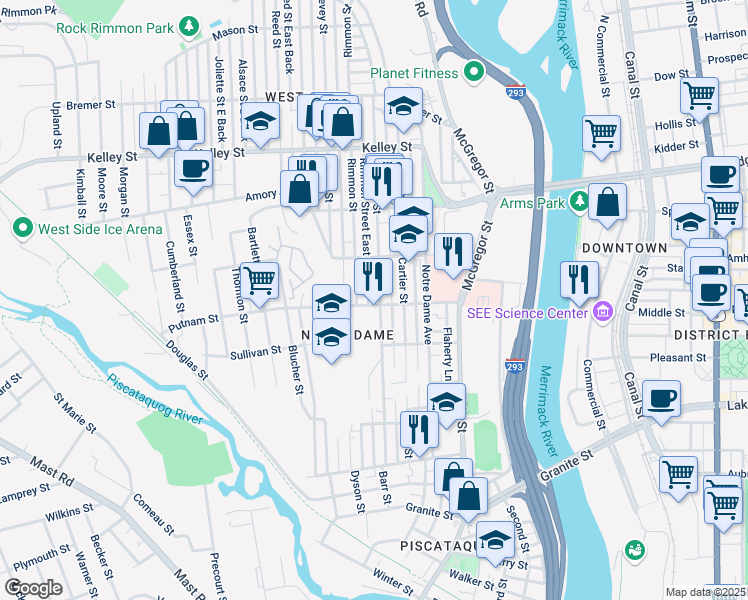 map of restaurants, bars, coffee shops, grocery stores, and more near 250 Dubuque Street in Manchester