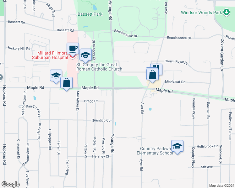 map of restaurants, bars, coffee shops, grocery stores, and more near 671 Youngs Road in Buffalo