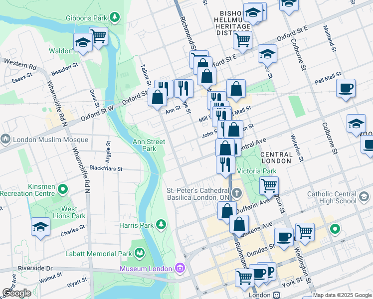 map of restaurants, bars, coffee shops, grocery stores, and more near 628 Talbot Street in London