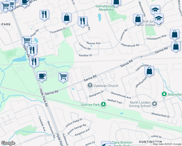 map of restaurants, bars, coffee shops, grocery stores, and more near 895 Sarnia Road in London