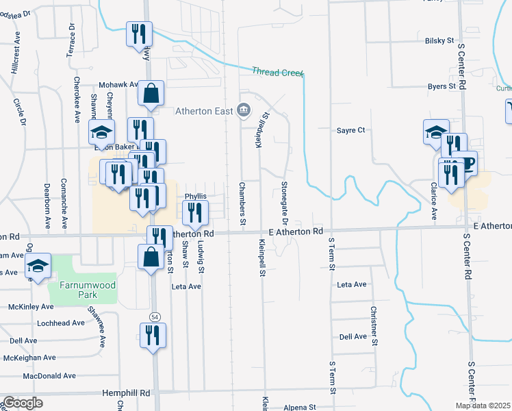 map of restaurants, bars, coffee shops, grocery stores, and more near 1714 Herman East Curtis Boulevard in Flint