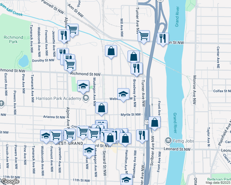 map of restaurants, bars, coffee shops, grocery stores, and more near 1501 Quarry Avenue Northwest in Grand Rapids