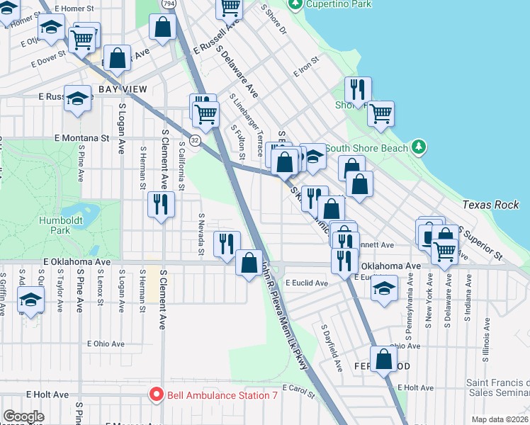 map of restaurants, bars, coffee shops, grocery stores, and more near 1709 East Rusk Avenue in Milwaukee