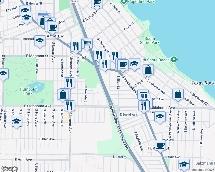 map of restaurants, bars, coffee shops, grocery stores, and more near 2895 South Linebarger Terrace in Milwaukee