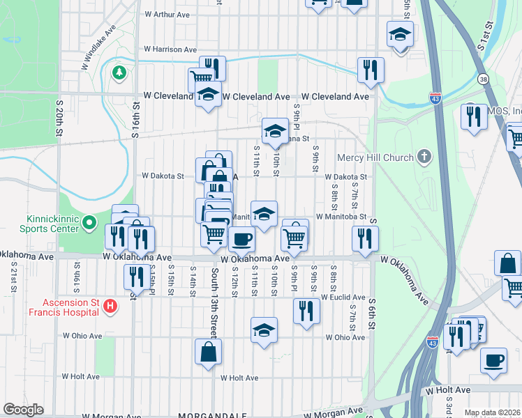map of restaurants, bars, coffee shops, grocery stores, and more near 2972 South 10th Street in Milwaukee