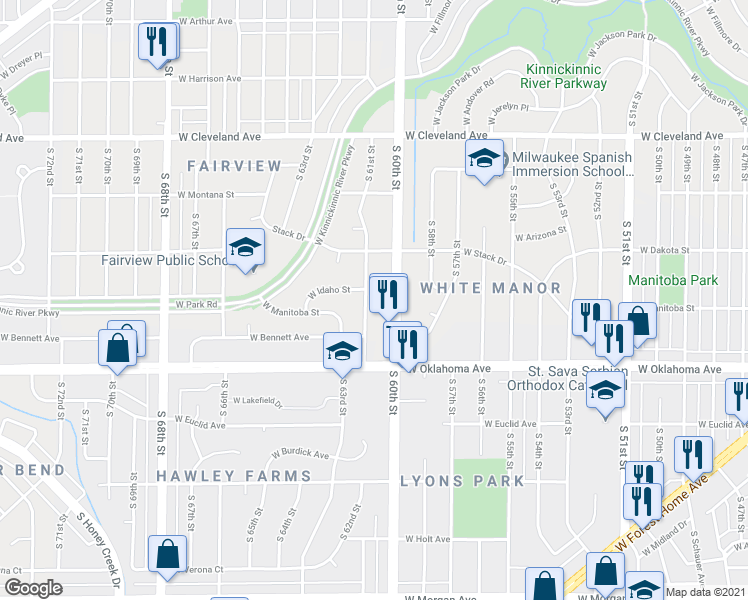 map of restaurants, bars, coffee shops, grocery stores, and more near 3020 South 61st Street in Milwaukee