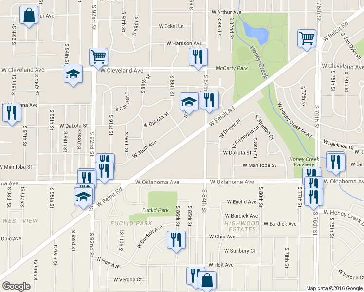 map of restaurants, bars, coffee shops, grocery stores, and more near 8405 West National Avenue in Milwaukee