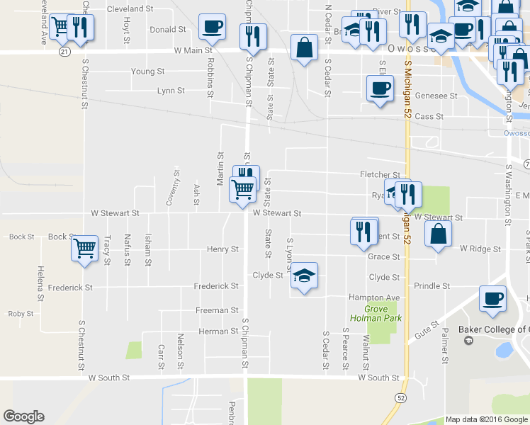 map of restaurants, bars, coffee shops, grocery stores, and more near 1115 West Stewart Street in Owosso