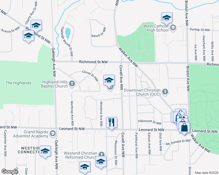 map of restaurants, bars, coffee shops, grocery stores, and more near 1417 Covell Avenue Northwest in Grand Rapids