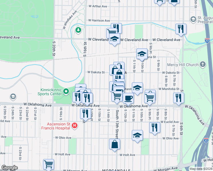 map of restaurants, bars, coffee shops, grocery stores, and more near 3000 South 14th Street in Milwaukee