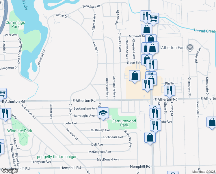 map of restaurants, bars, coffee shops, grocery stores, and more near 3619 Dearborn Avenue in Flint
