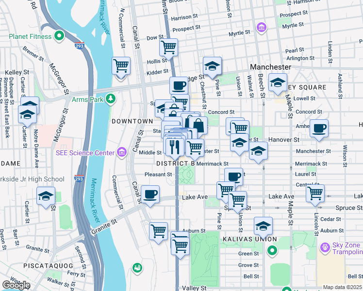 map of restaurants, bars, coffee shops, grocery stores, and more near in Manchester