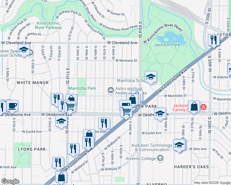 map of restaurants, bars, coffee shops, grocery stores, and more near 3011 South 45th Street in Milwaukee