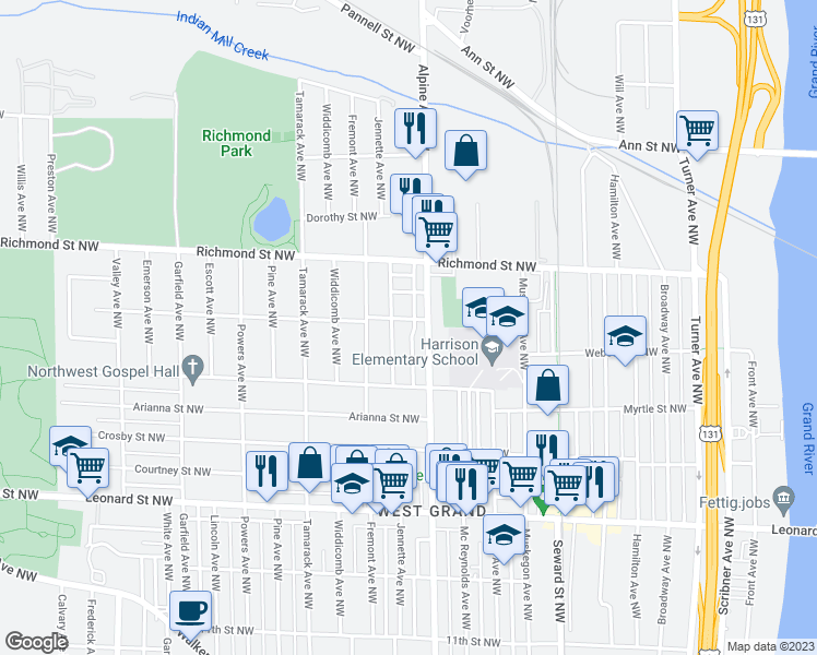 map of restaurants, bars, coffee shops, grocery stores, and more near 816 Webster Street Northwest in Grand Rapids