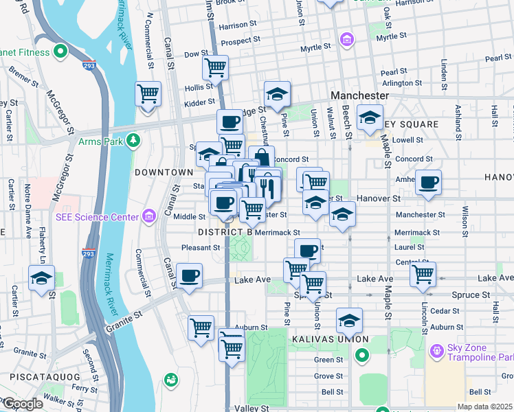 map of restaurants, bars, coffee shops, grocery stores, and more near 71 Manchester Street in Manchester
