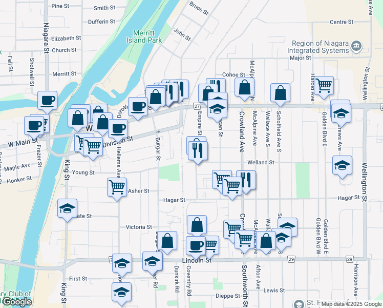map of restaurants, bars, coffee shops, grocery stores, and more near in Welland