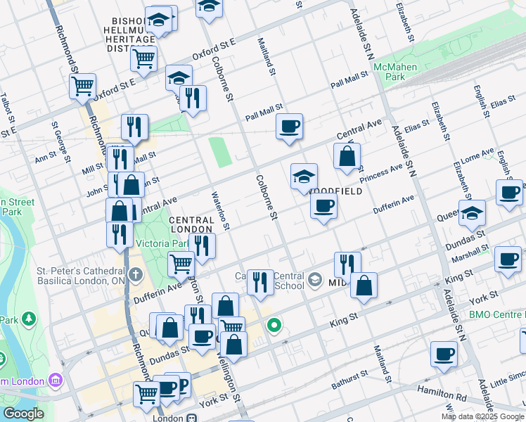 map of restaurants, bars, coffee shops, grocery stores, and more near in London