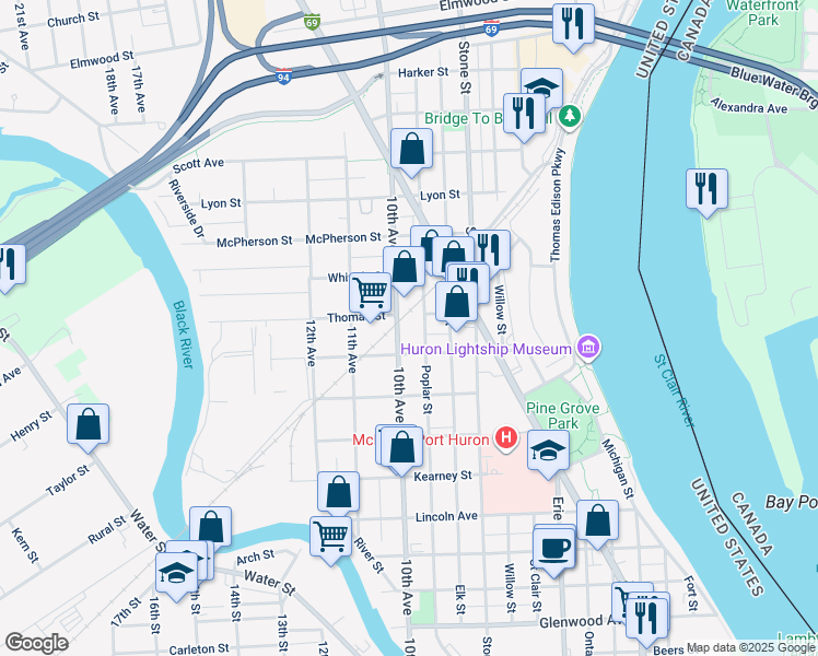 map of restaurants, bars, coffee shops, grocery stores, and more near 1501 10th Avenue in Port Huron