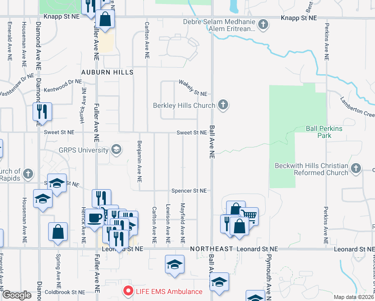 map of restaurants, bars, coffee shops, grocery stores, and more near 1504 Mayfield Avenue Northeast in Grand Rapids