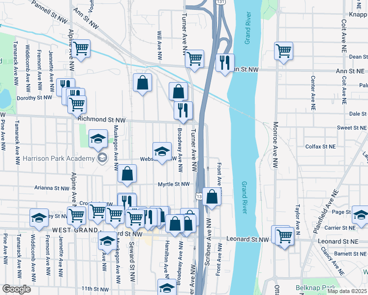 map of restaurants, bars, coffee shops, grocery stores, and more near 417 Webster Street Northwest in Grand Rapids