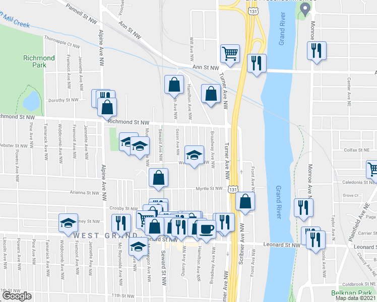 map of restaurants, bars, coffee shops, grocery stores, and more near 1501 Quarry Avenue Northwest in Grand Rapids