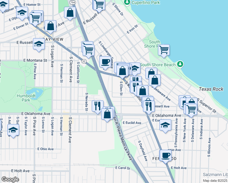 map of restaurants, bars, coffee shops, grocery stores, and more near 1710 East Rusk Avenue in Milwaukee