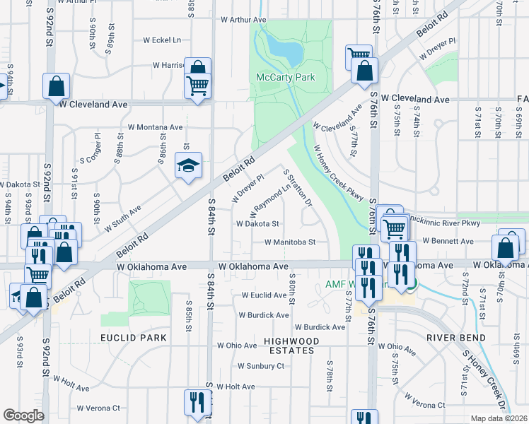 map of restaurants, bars, coffee shops, grocery stores, and more near 8025 West Dakota Street in West Allis