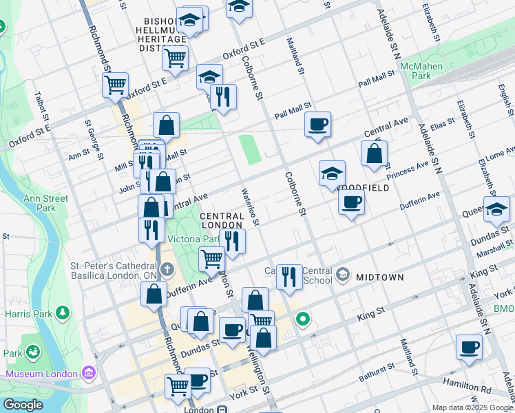 map of restaurants, bars, coffee shops, grocery stores, and more near 548 Waterloo Street in London