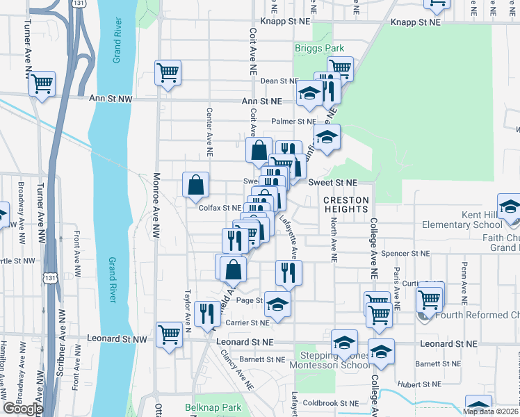 map of restaurants, bars, coffee shops, grocery stores, and more near in Grand Rapids