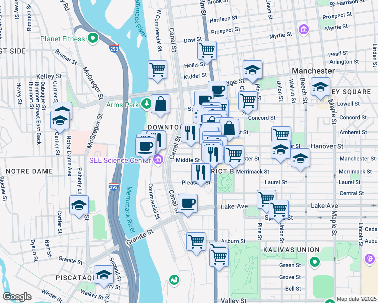 map of restaurants, bars, coffee shops, grocery stores, and more near 130 Middle Street in Manchester