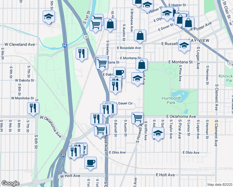 map of restaurants, bars, coffee shops, grocery stores, and more near 210 East Gauer Circle in Milwaukee