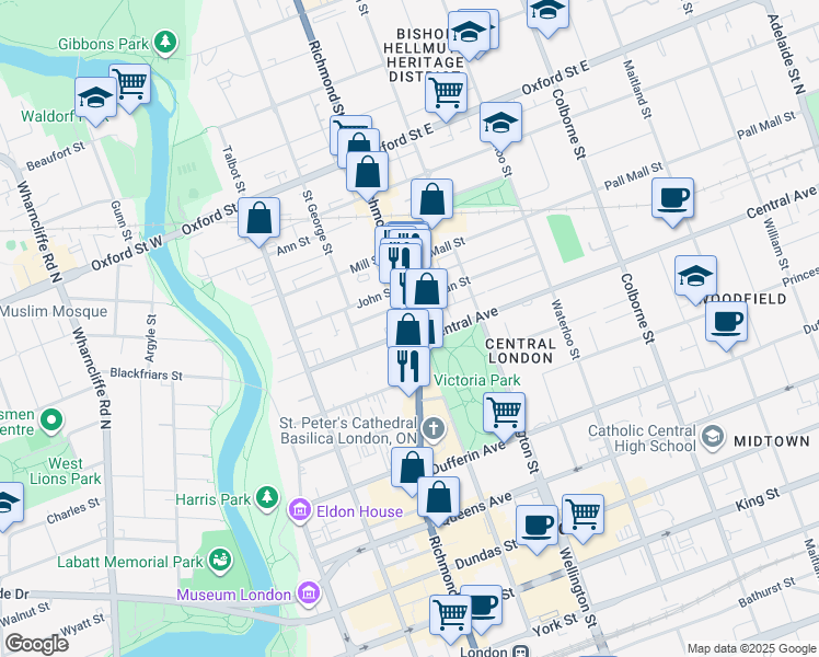 map of restaurants, bars, coffee shops, grocery stores, and more near 208 Central Avenue in London