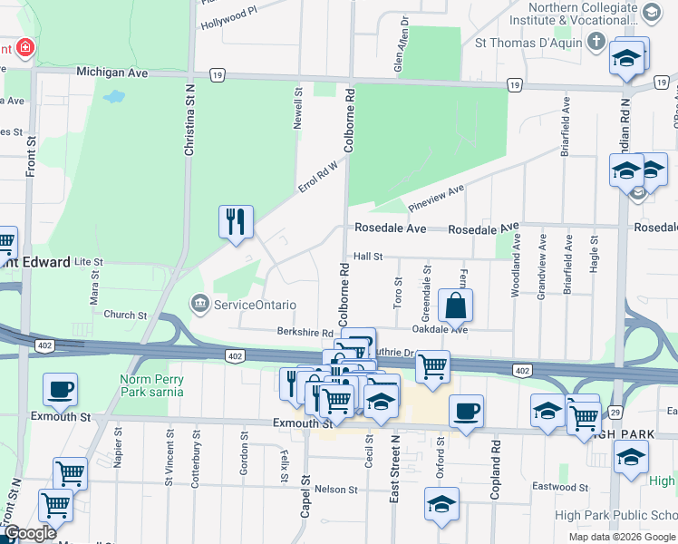 map of restaurants, bars, coffee shops, grocery stores, and more near 951 Colborne Road in Sarnia