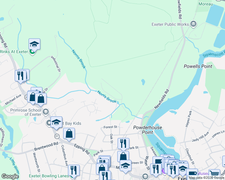 map of restaurants, bars, coffee shops, grocery stores, and more near 51 Oak Street Extension in Exeter