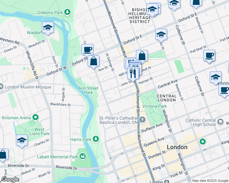 map of restaurants, bars, coffee shops, grocery stores, and more near 145 John Street in London