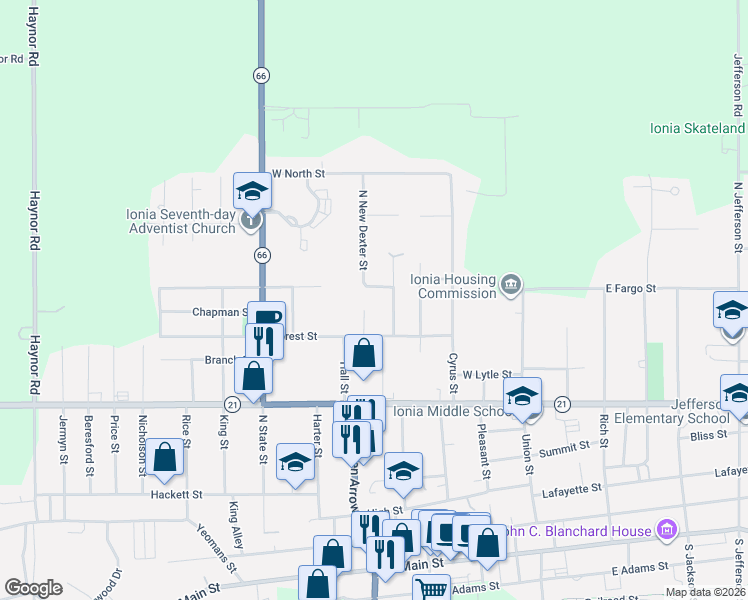 map of restaurants, bars, coffee shops, grocery stores, and more near 615 Lawton Street in Ionia