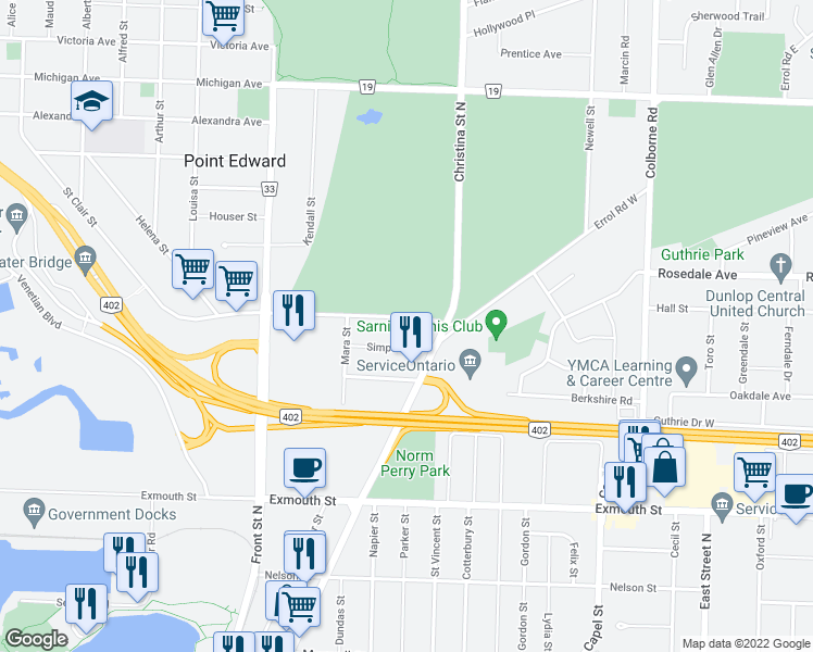 map of restaurants, bars, coffee shops, grocery stores, and more near 923 Lite Street in Point Edward