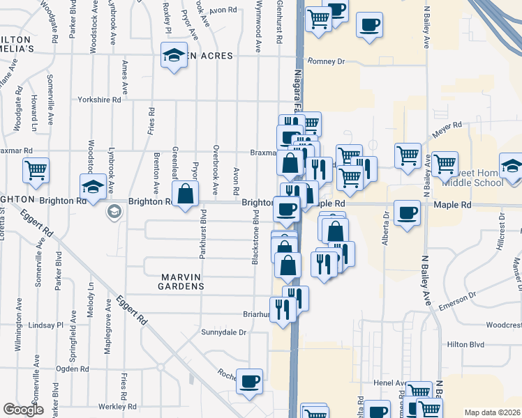map of restaurants, bars, coffee shops, grocery stores, and more near 331 Wrexham Court North in Tonawanda