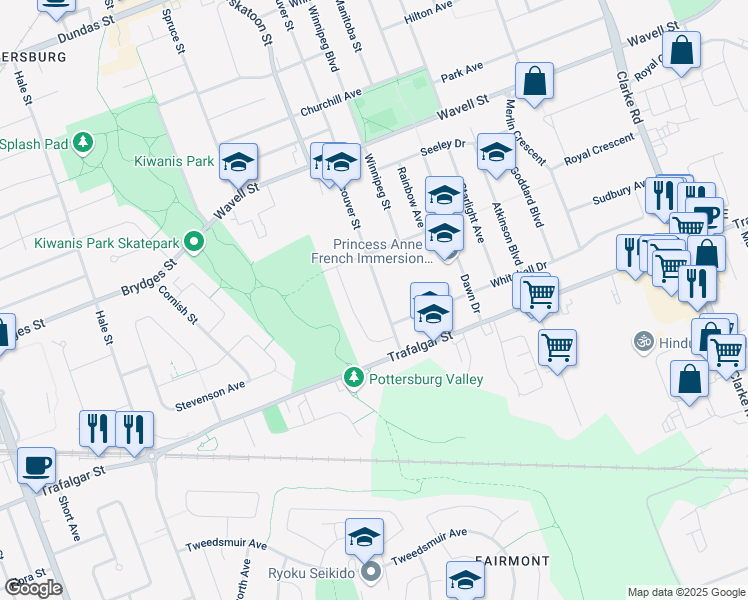 map of restaurants, bars, coffee shops, grocery stores, and more near 175 Vancouver Street in London