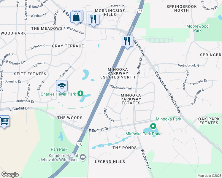map of restaurants, bars, coffee shops, grocery stores, and more near 1212 Fleetfoot Drive in Waukesha