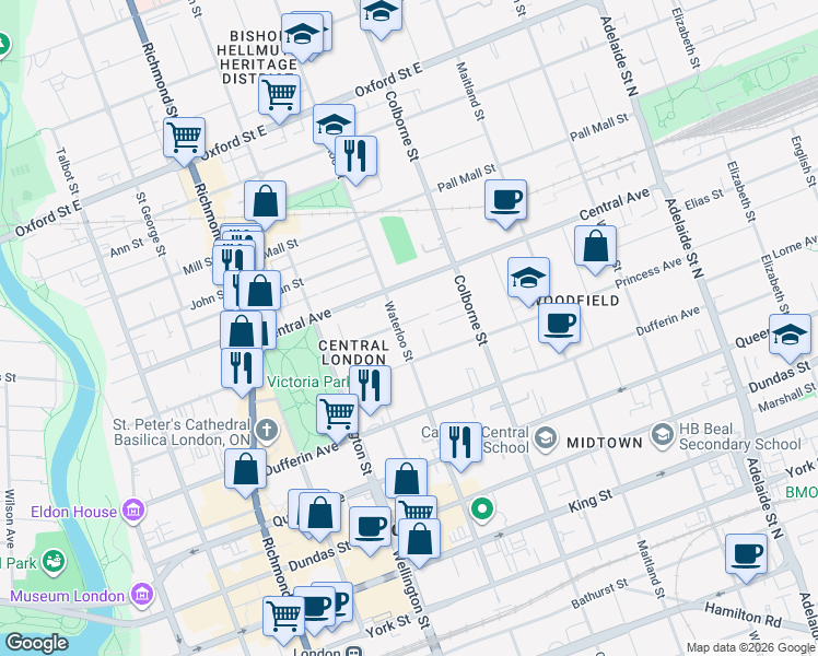 map of restaurants, bars, coffee shops, grocery stores, and more near 552 Waterloo Street in London