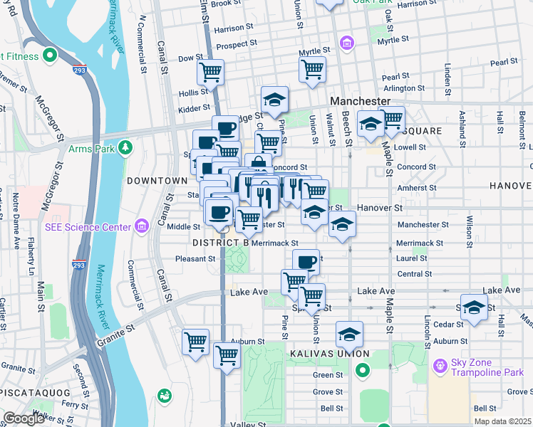 map of restaurants, bars, coffee shops, grocery stores, and more near 100 Merrimack Street in Manchester