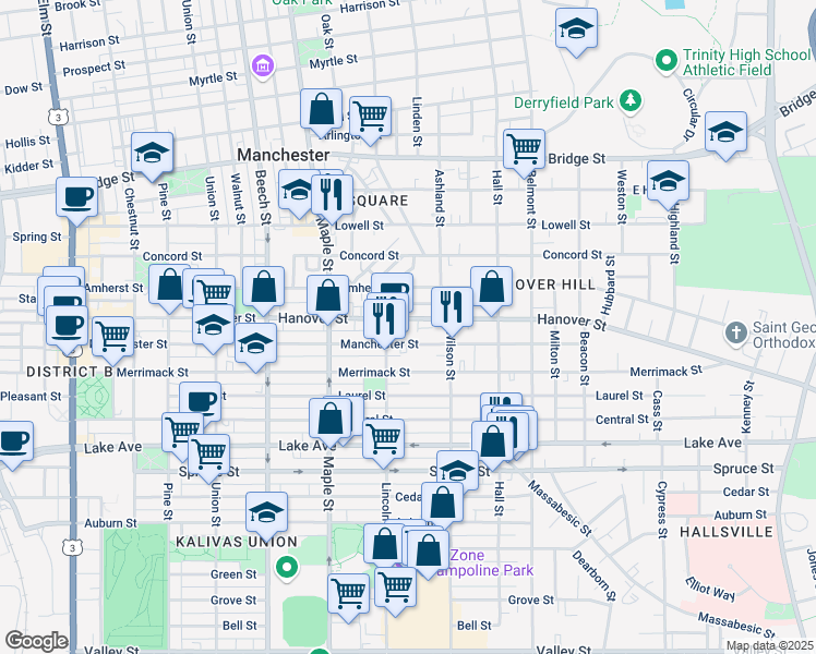 map of restaurants, bars, coffee shops, grocery stores, and more near 387 Hanover Street in Manchester
