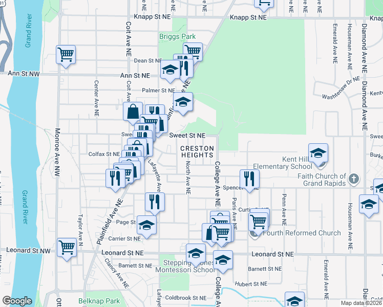 map of restaurants, bars, coffee shops, grocery stores, and more near 1522 North Avenue Northeast in Grand Rapids