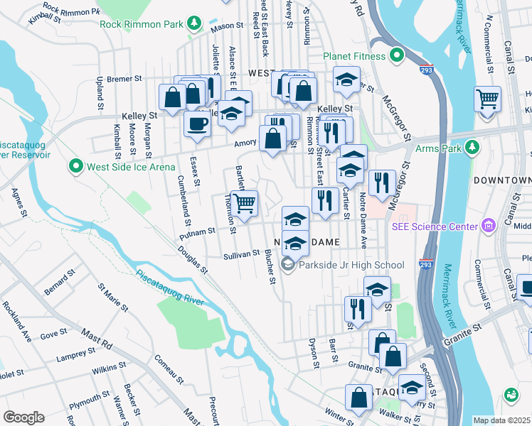 map of restaurants, bars, coffee shops, grocery stores, and more near 323 Blucher Street in Manchester