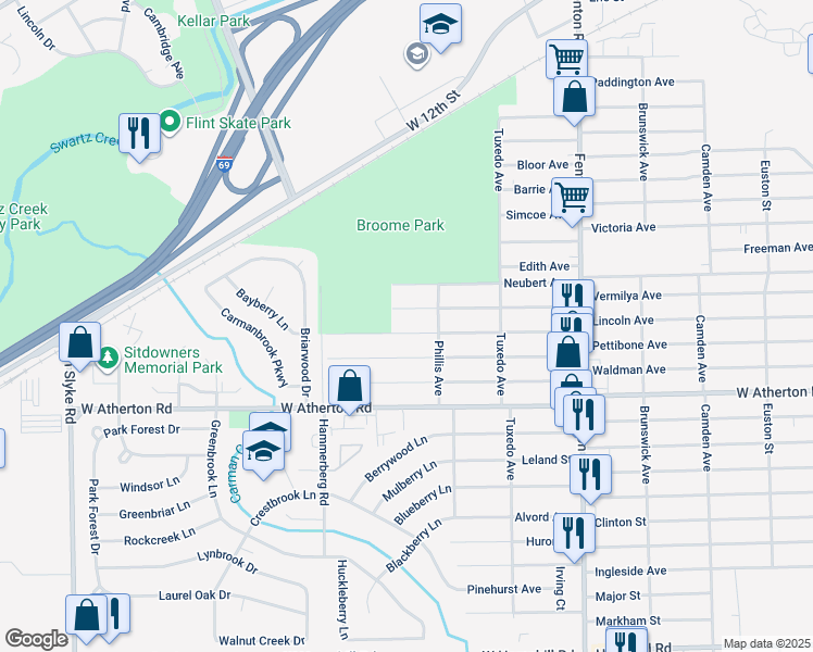 map of restaurants, bars, coffee shops, grocery stores, and more near 1502 Lincoln Avenue in Flint